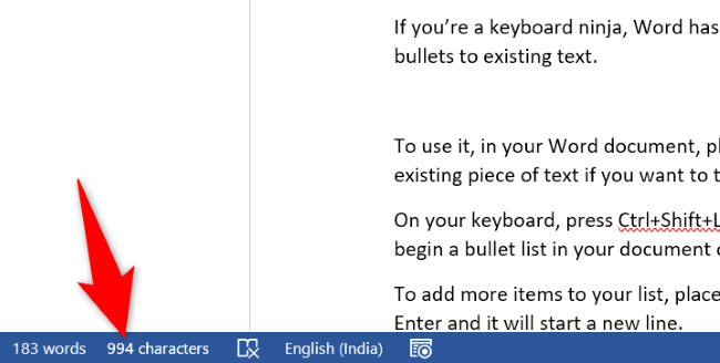 Количество символов в строке состояния Word