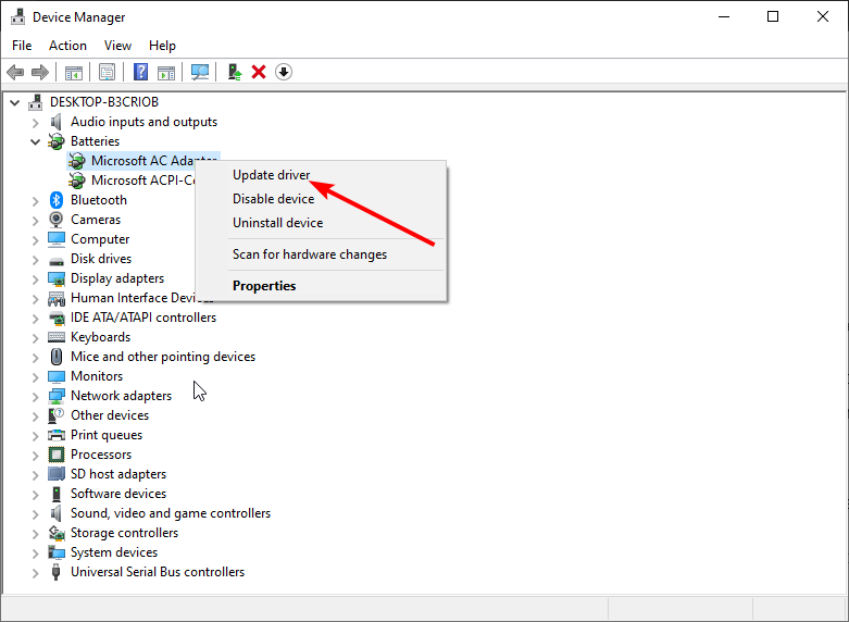 Контекстное меню обновления драйвера для устройства в Диспетчере устройств