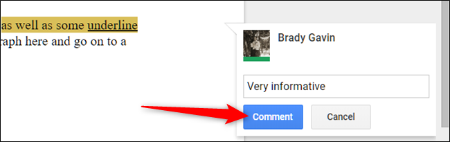 Окно добавления комментария в Google Docs с кнопкой «Комментировать»