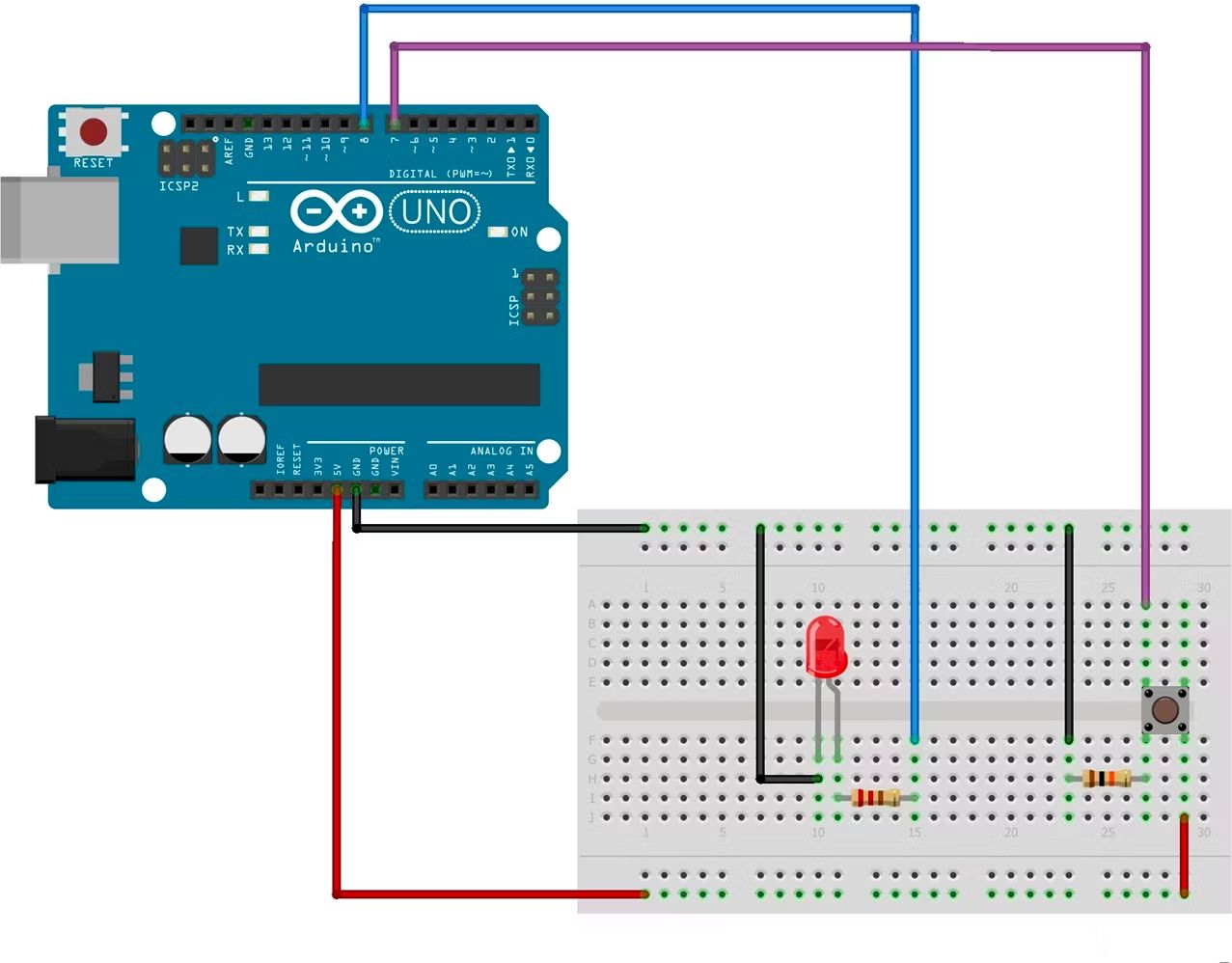 Схема подключения кнопки и светодиода к Arduino
