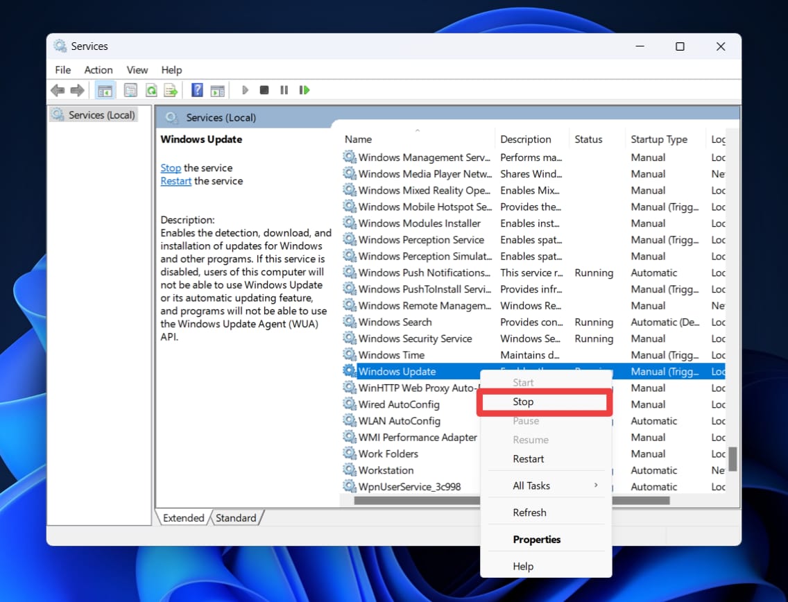 Windows Update 서비스 중지 화면