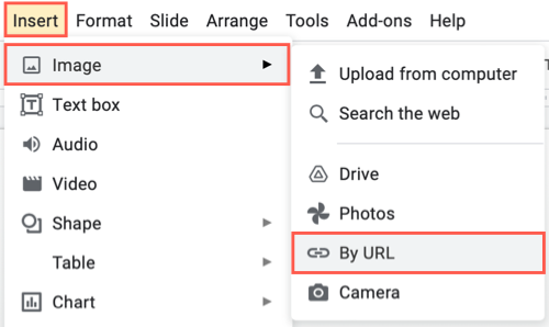 Выберите Вставка, Изображение, По URL.