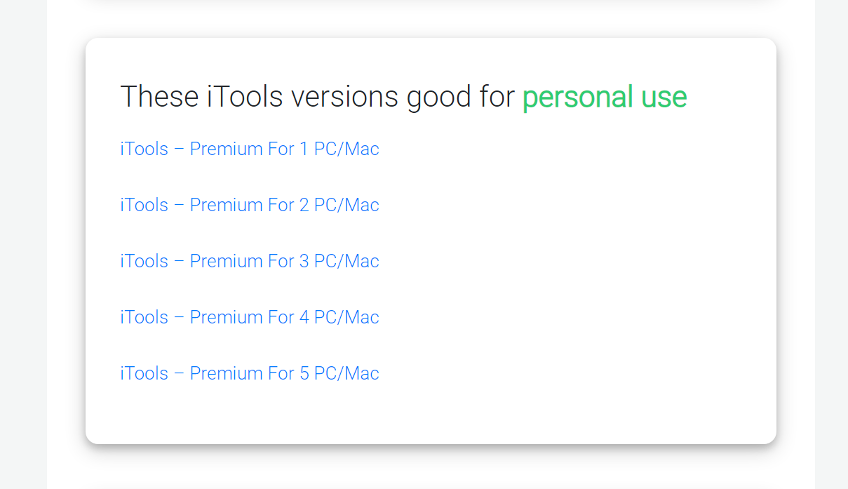 Auswahl der iTools-Versionen auf der Downloadseite