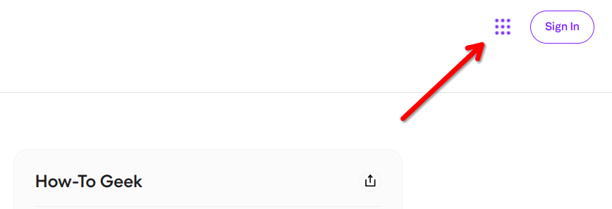 Кнопка меню с девятью точками на странице поиска Yahoo