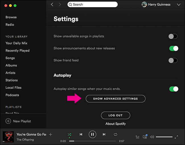 Показать дополнительные настройки в Spotify