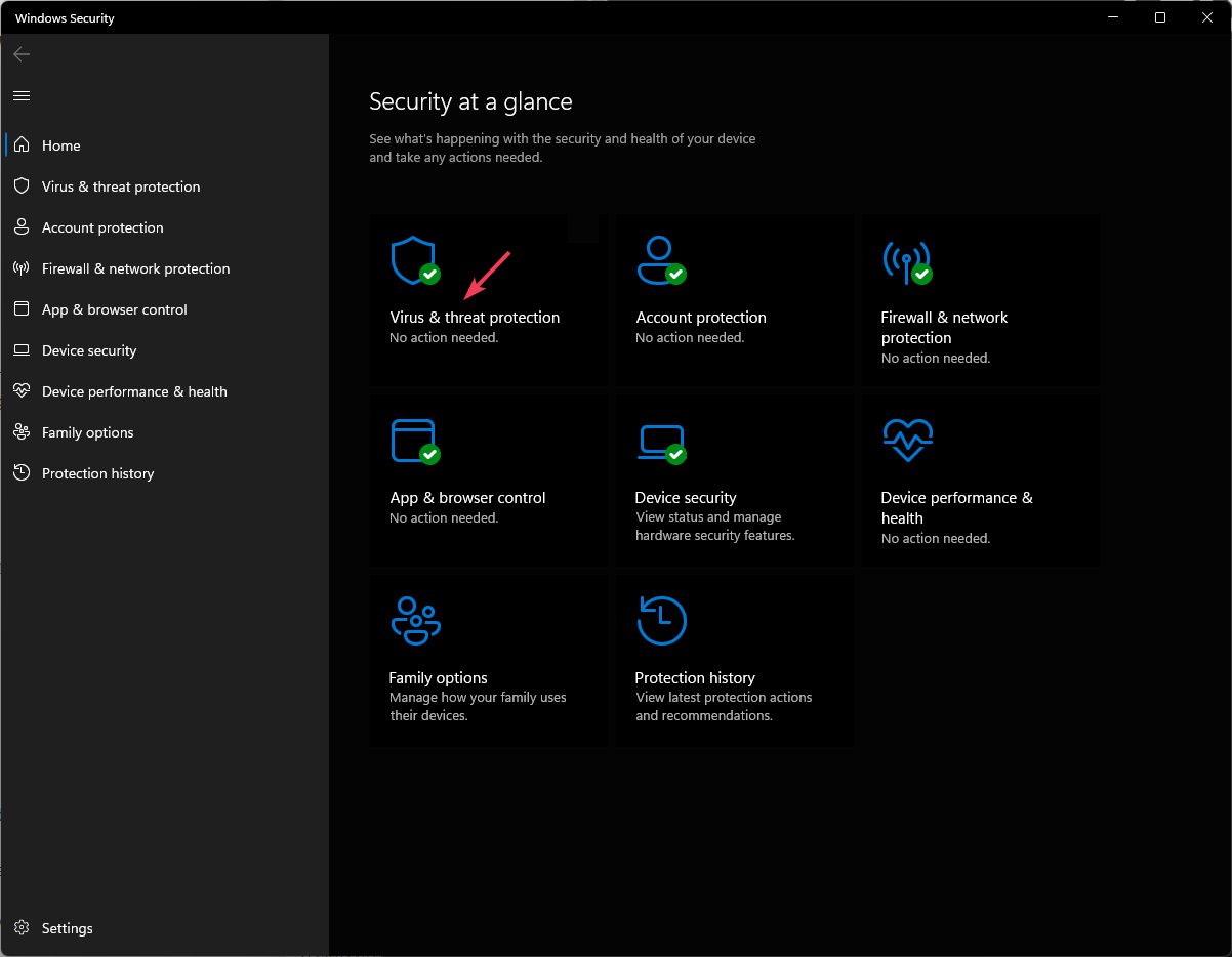 Окно Windows Security: Защита от вирусов и угроз