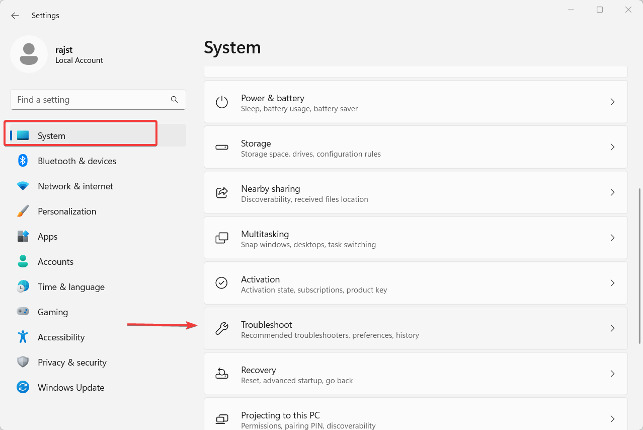 Выбор устранения неполадок в настройках Windows