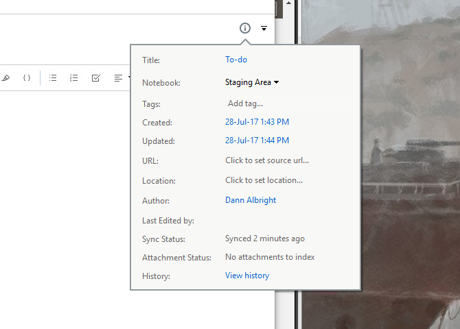 Информация о заметке с датами и тегами