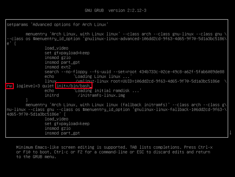 Меню GRUB: выделены параметры rw и init для запуска в режиме однопользовательского шелла.
