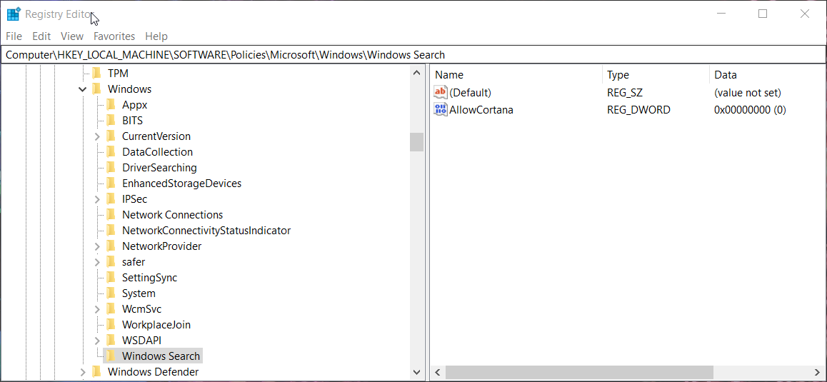 Valor AllowCortana en el Registro