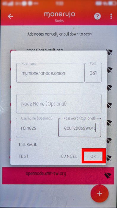Изображение: подтверждение сохранения настроек узла в Monerujo