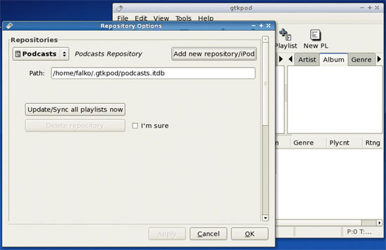 Кнопка добавления нового репозитория iPod в gtkpod