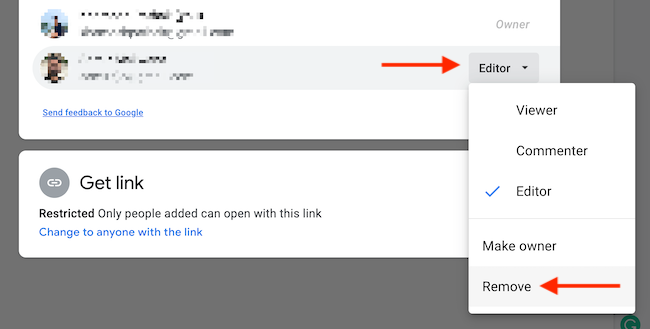 Удаление доступа для пользователя в меню «Поделиться»