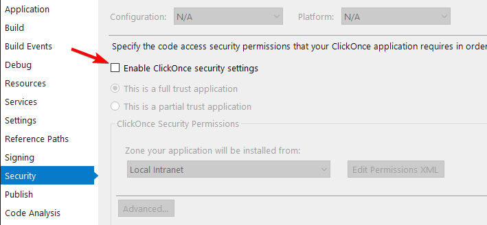 Параметры безопасности ClickOnce в Visual Studio