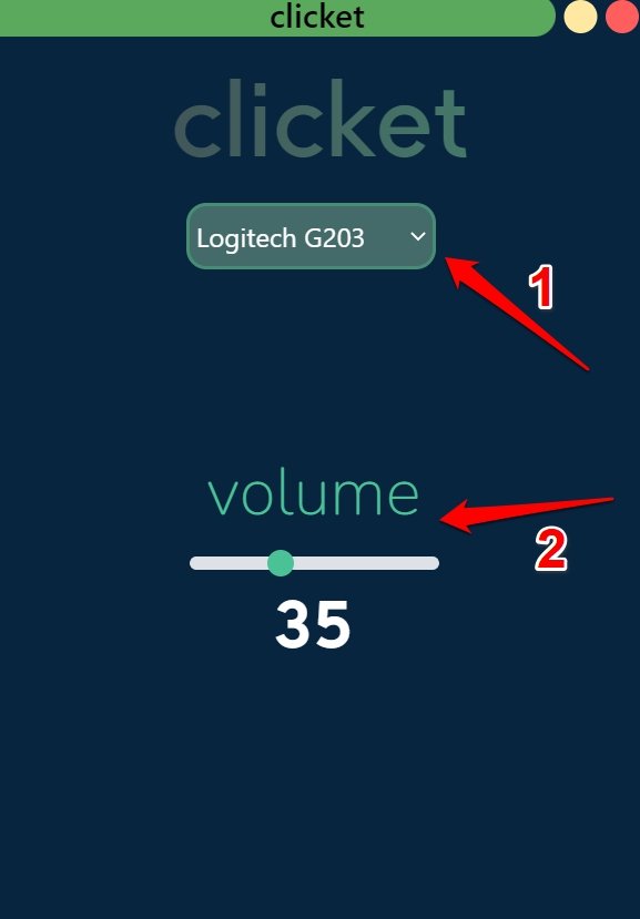 Интерфейс Clicket с выбором звука и громкости