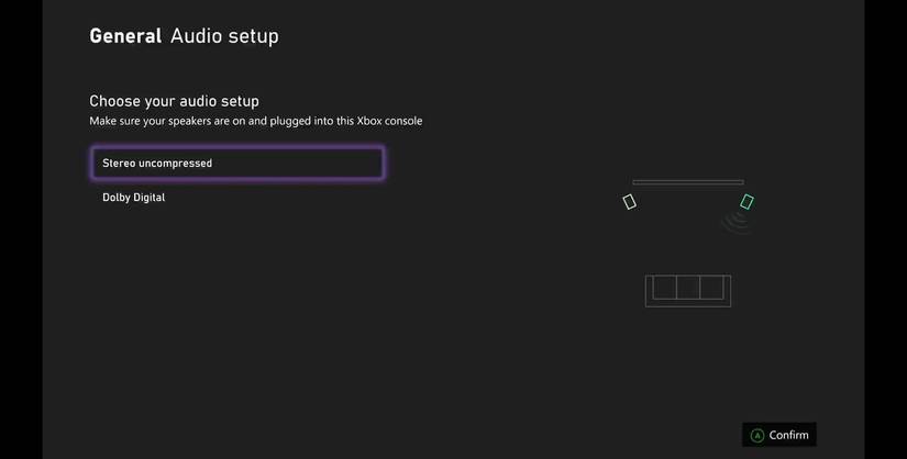 Audio Setup на Xbox: подсвечен левый динамик, воспроизводится тестовый звук