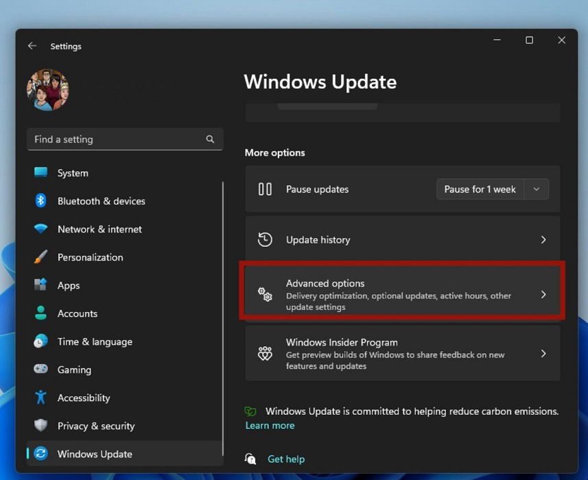 Параметр Дополнительные параметры в Параметрах Windows