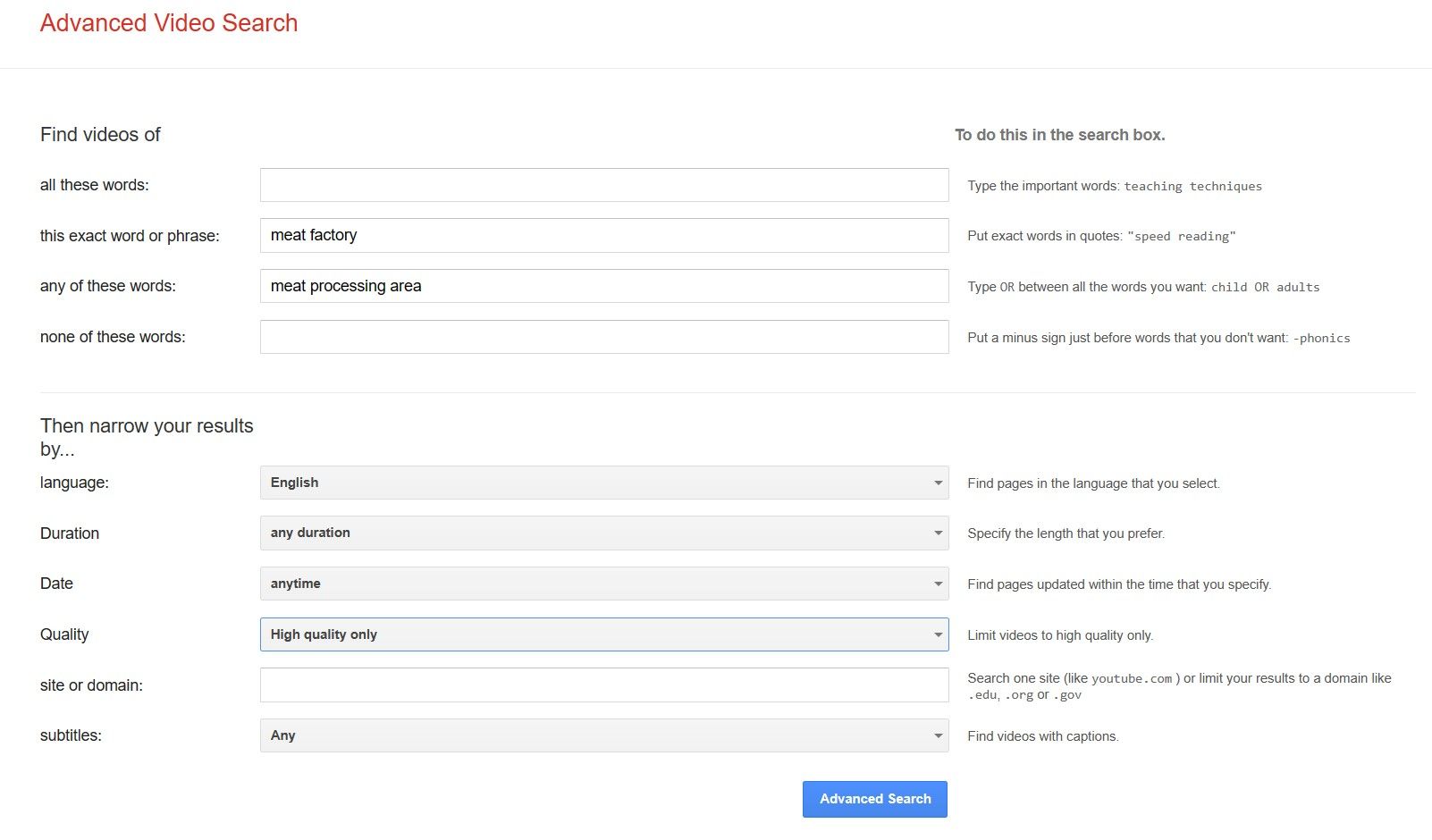Поиск по мясоперерабатывающему заводу в Google Advanced Video Search