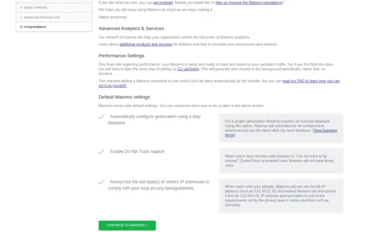 Завершение установки Matomo