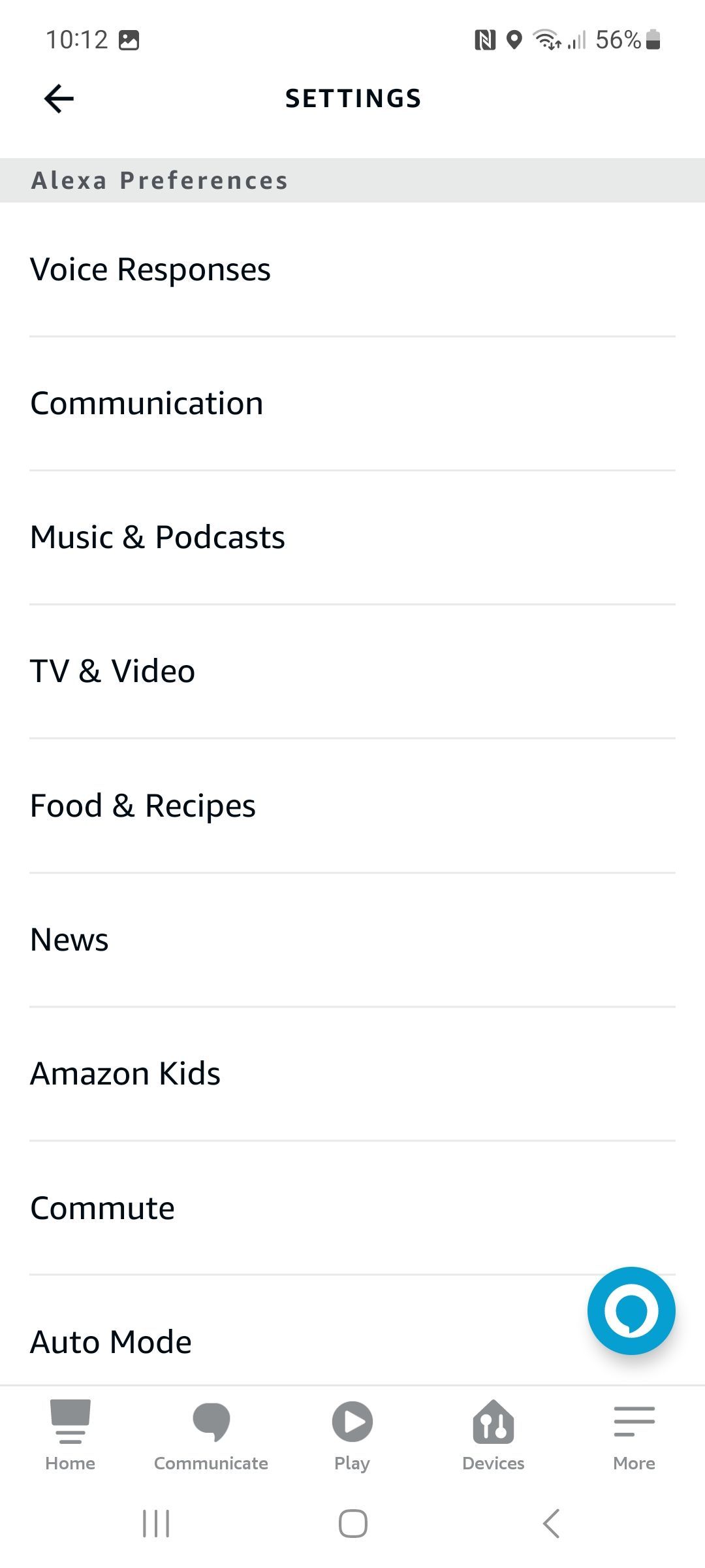 Предпочтения Alexa отображаются в настройках приложения