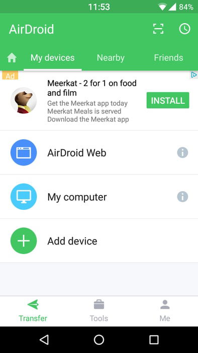 Экран запуска и меню приложения AirDroid
