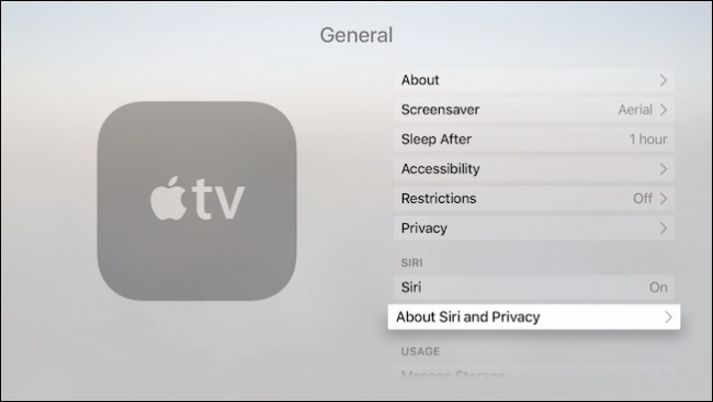 Информация о Siri и конфиденциальности в настройках Apple TV