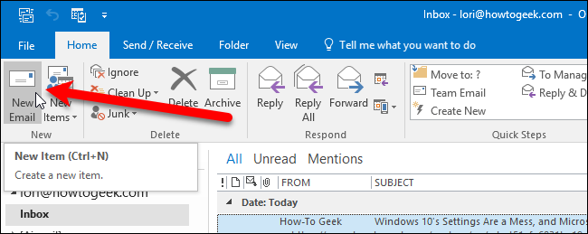 Кнопка создания нового сообщения в Outlook