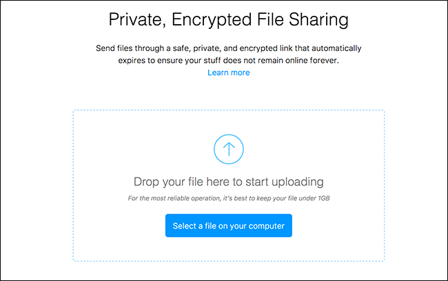 Главная страница send.firefox.com — кнопка загрузки файла