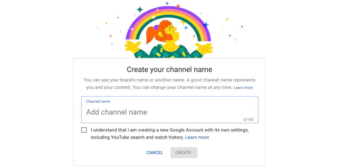 Страница создания названия канала YouTube