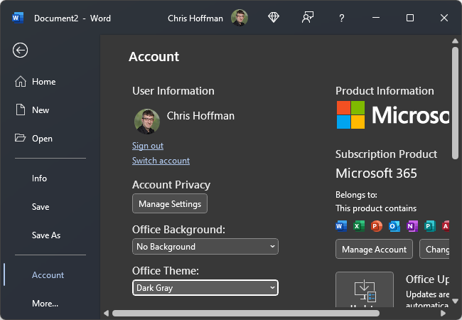 Выбор темы 'Dark Gray' для более мягкой тёмной темы