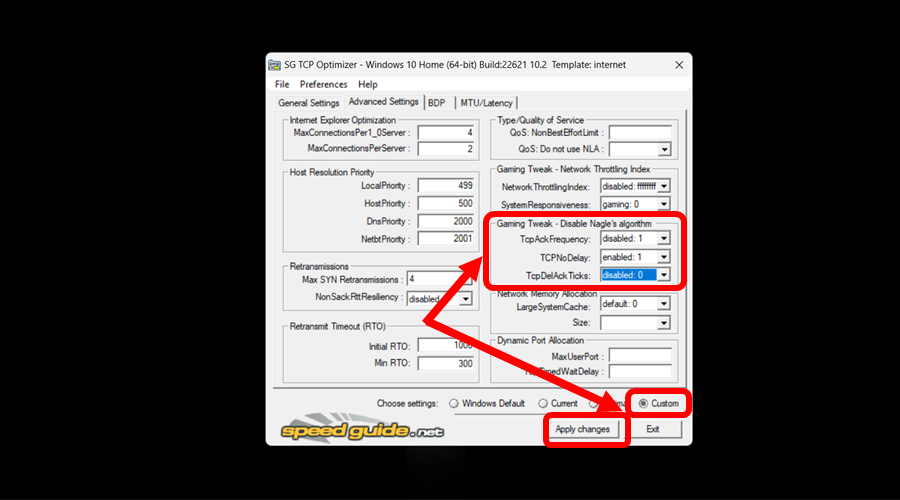 Пример диалога с параметрами оптимизации TCP