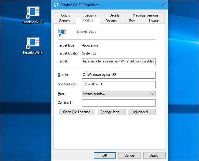 Назначение сочетания клавиш в свойствах ярлыка