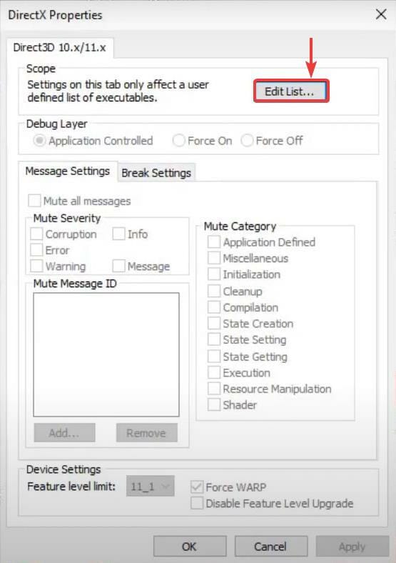 Панель DirectX — окно Edit List для добавления папки игры