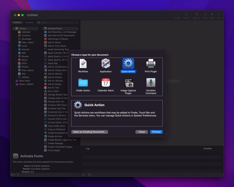 Выбор типа рабочего процесса в Automator