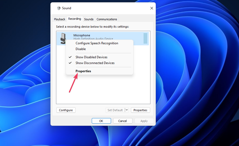 Пункт «Свойства» для микрофона в Windows