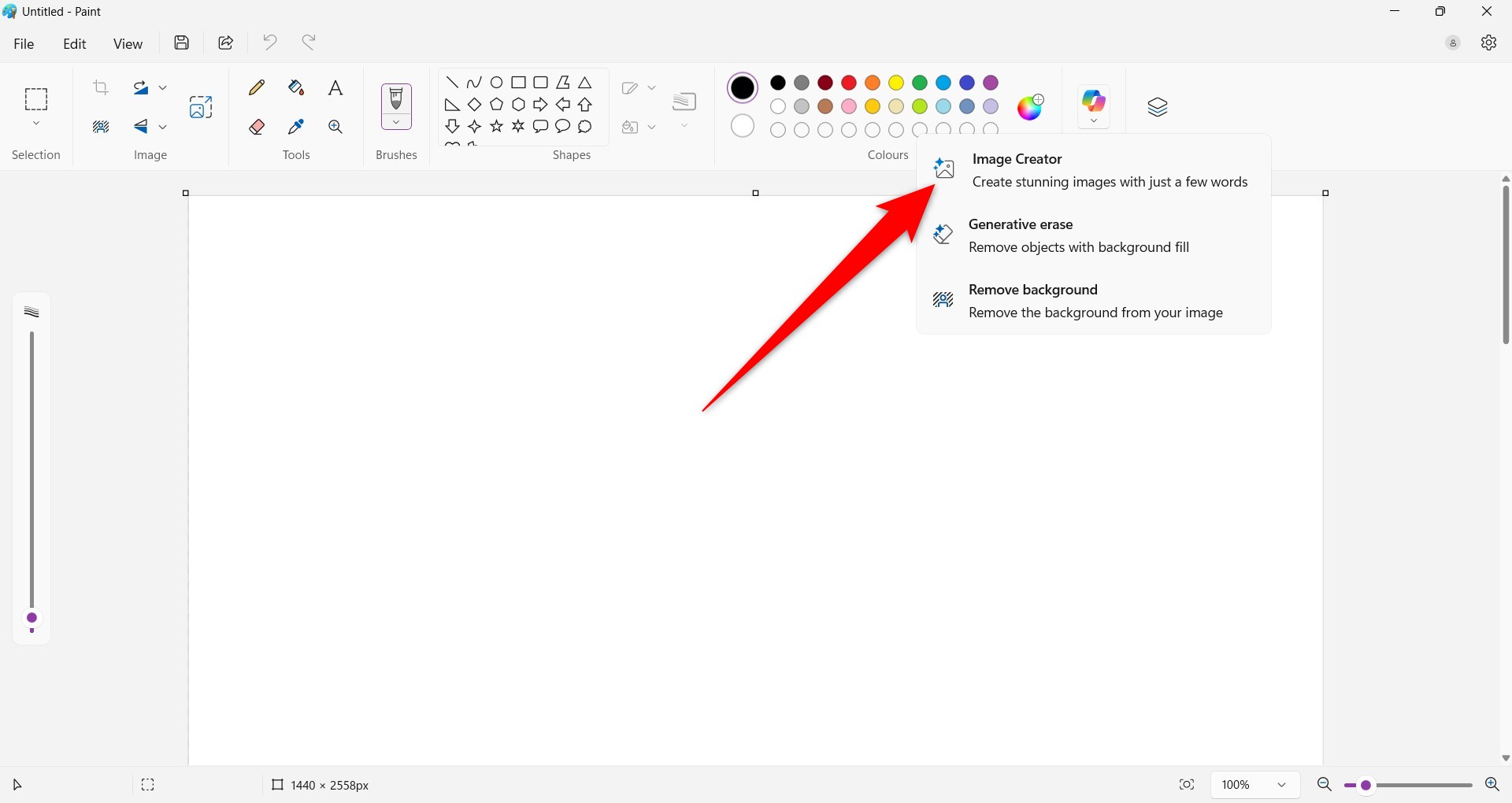 Выбор инструмента Image Creator в панели Copilot