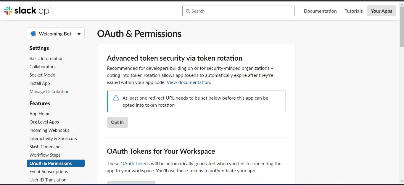 Страница OAuth & Permissions с настройкой прав бота