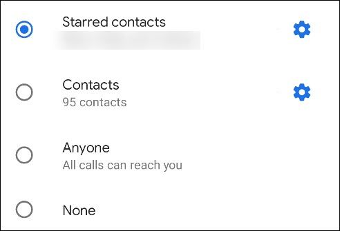 Выбор вариантов для входящих звонков в 'Не беспокоить'