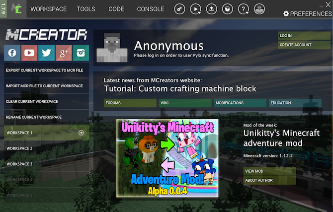 The main screen in MCreator