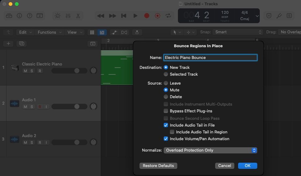 Меню Bounce in Place в Logic Pro X
