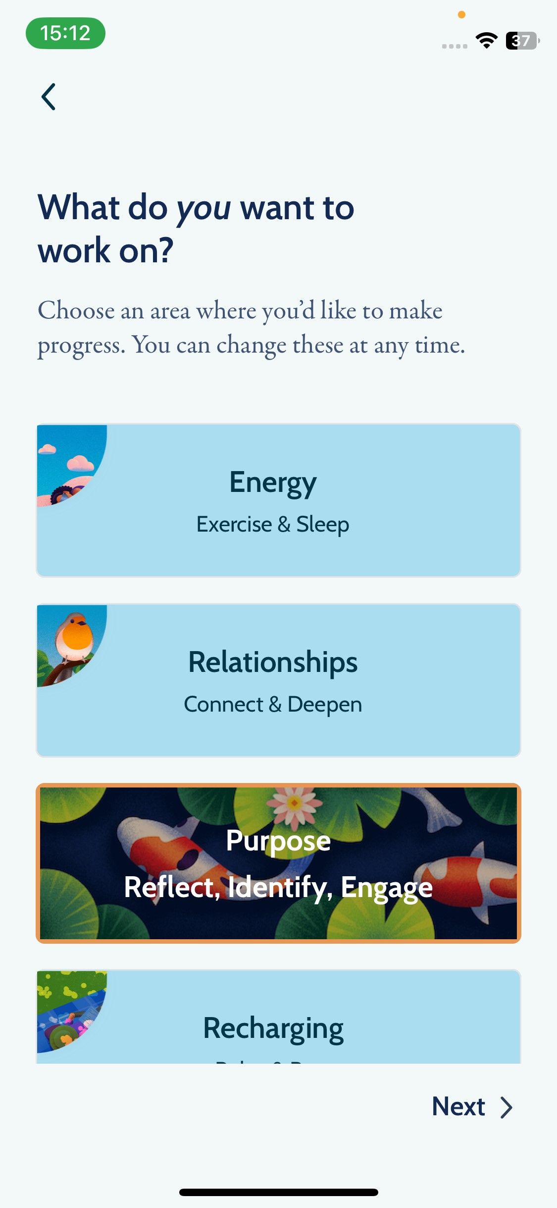 Скриншот приложения Happier — выбор области для улучшения