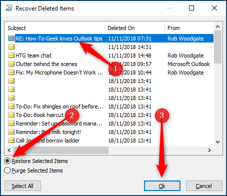 Процесс восстановления выбранного элемента: выделено письмо и кнопка OK