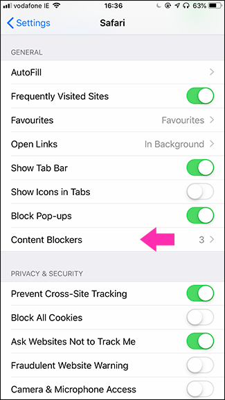 Экран настроек iOS для блокировщиков контента