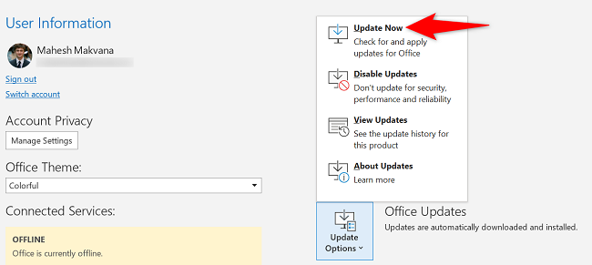 Выберите «Параметры обновления» → «Обновить сейчас»