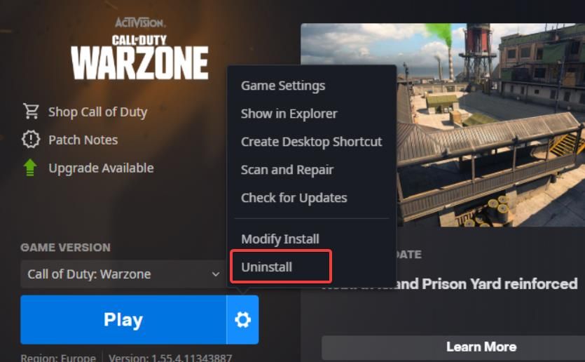 Опция Удалить игру в Battle.net