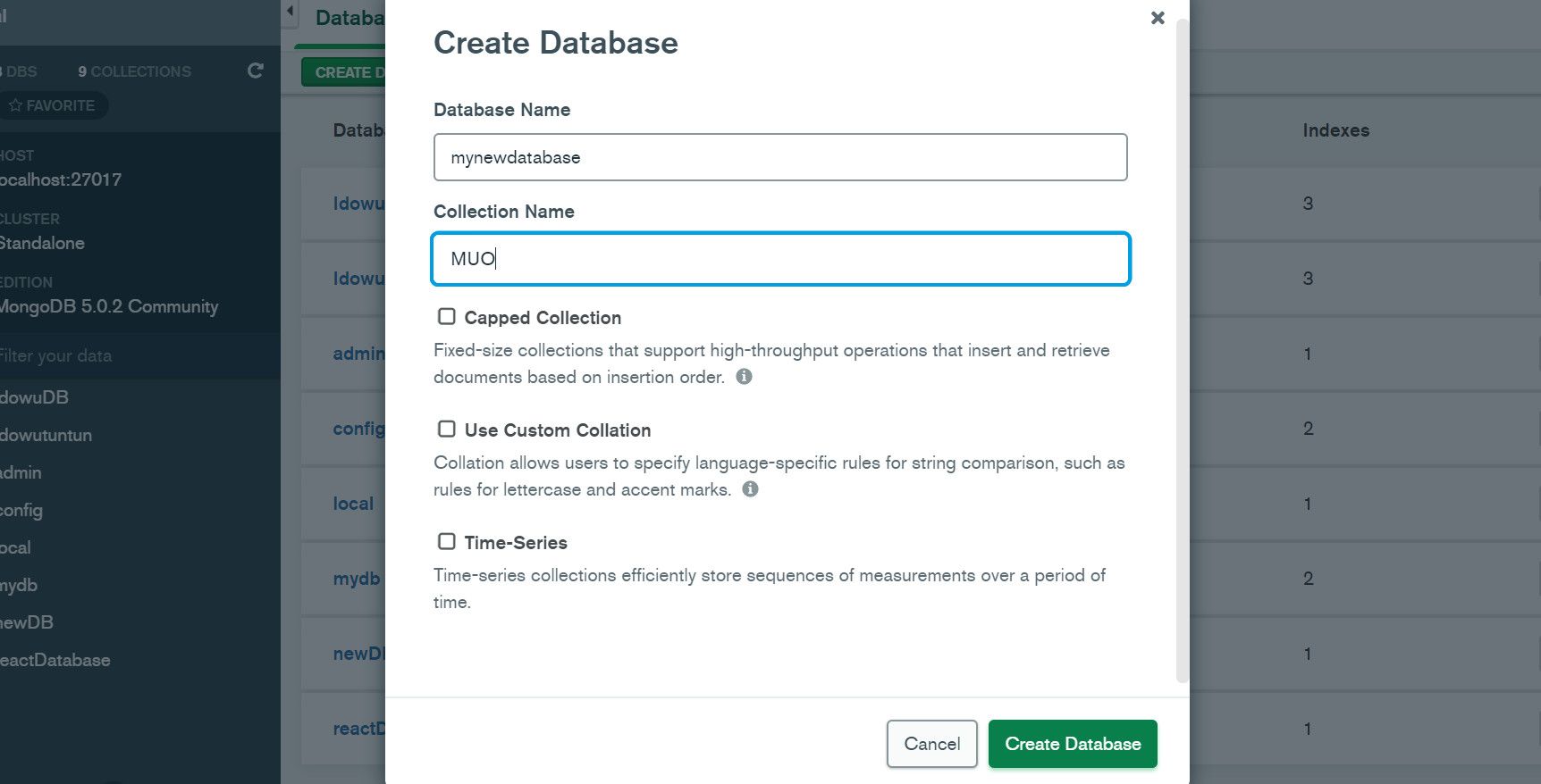 Окно создания базы и коллекции в MongoDB Compass