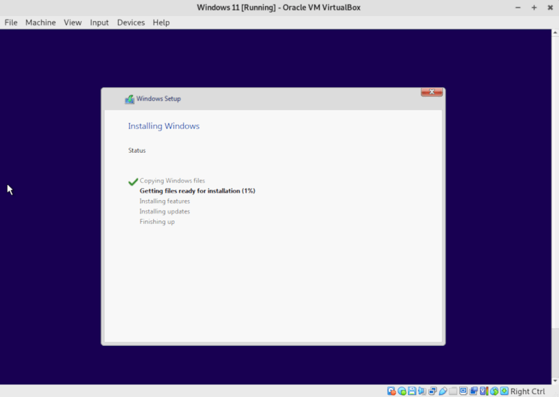Автоматический процесс установки Windows 11 внутри VirtualBox.