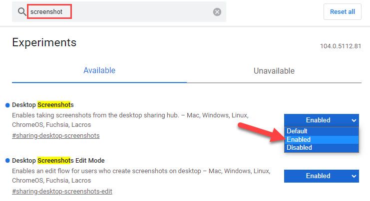 найдите и включите флаги для снимков экрана