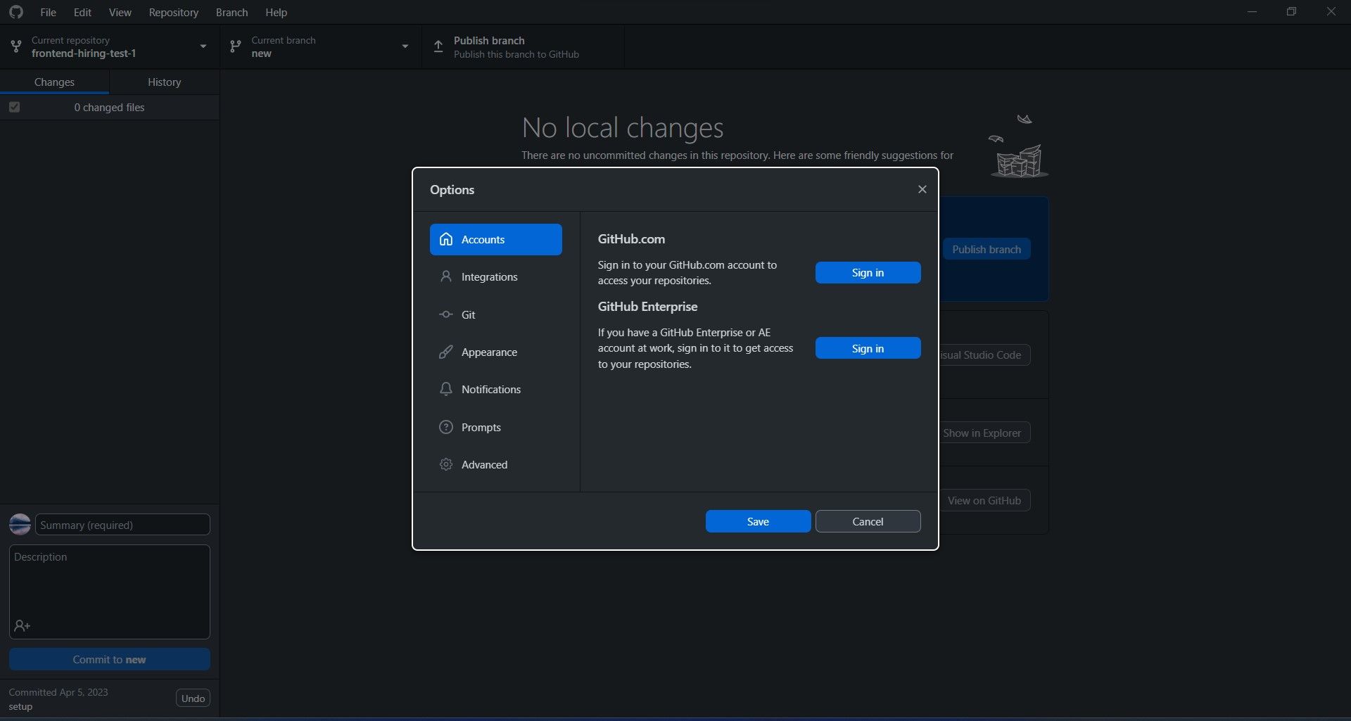 Окно входа в GitHub Desktop с опциями учётной записи