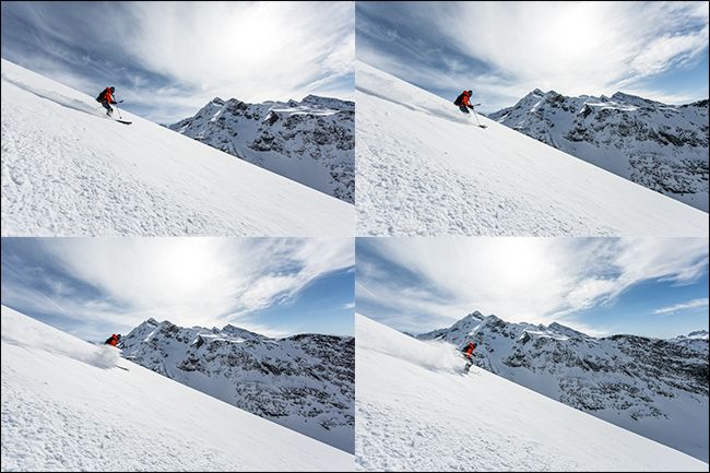 Друг Уилл катается на лыжах и поднимает снежный фонтан на фоне гор